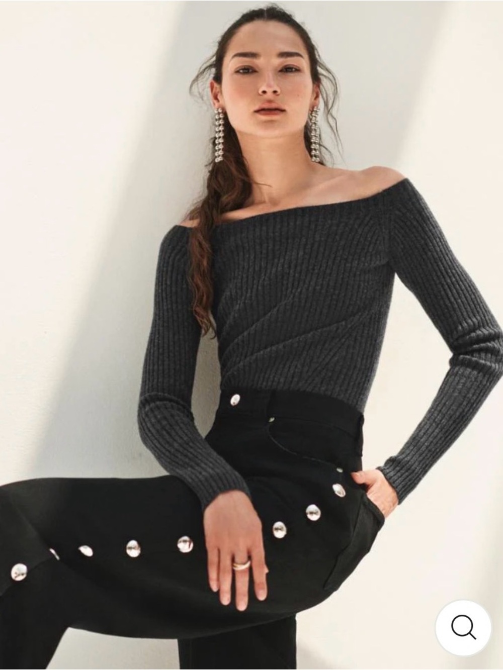 White + Warren Cashmere Charcoal Off-the-Shoulder Ribbed Sweater